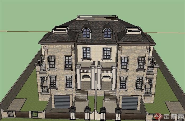 两层欧式方形双拼别墅建筑设计SU模型(2)