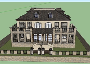 两层欧式方形双拼别墅建筑设计SU(草图大师)模型