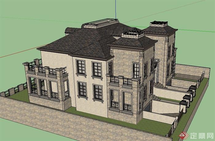 两层欧式方形双拼别墅建筑设计SU模型(3)