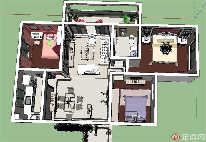 简欧三室一厅=一阳台住宅空间装修设计SU模型(1)