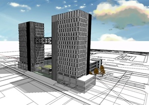 H形状办公楼建筑设计SU(草图大师)模型