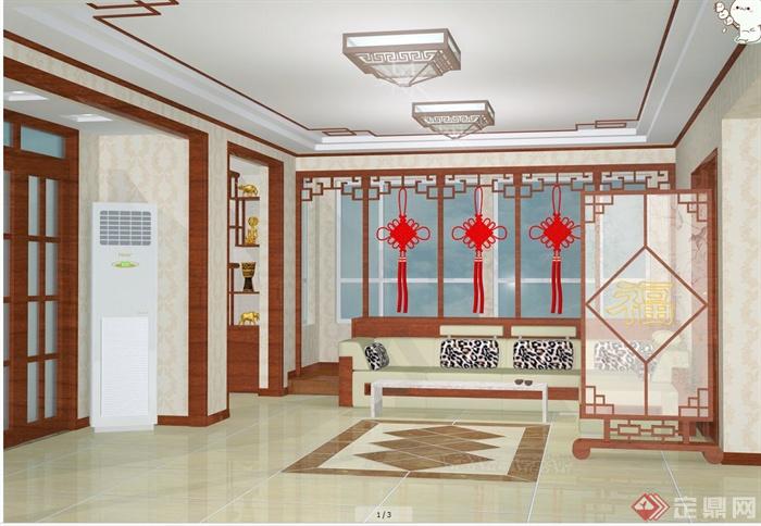 中式田园风格住宅室内装修设计cad施工图、效果图、3DMAX模型图(1)