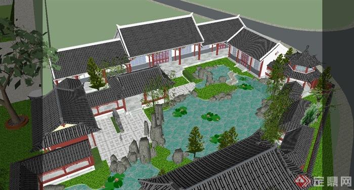 中式古建园林院落设计su模型（含建筑）(3)