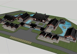 古典中式滨水住宅建筑设计SU(草图大师)模型
