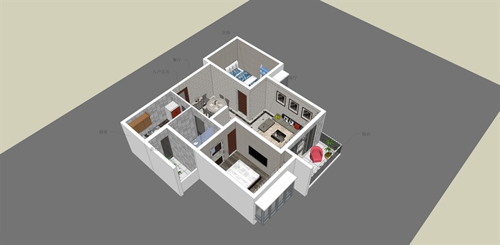 两室两厅一厨一卫室内家装SU模型+CAD图纸(1)