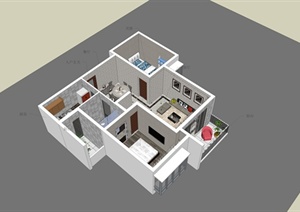 两室两厅一厨一卫室内家装SU(草图大师)模型含cad方案图