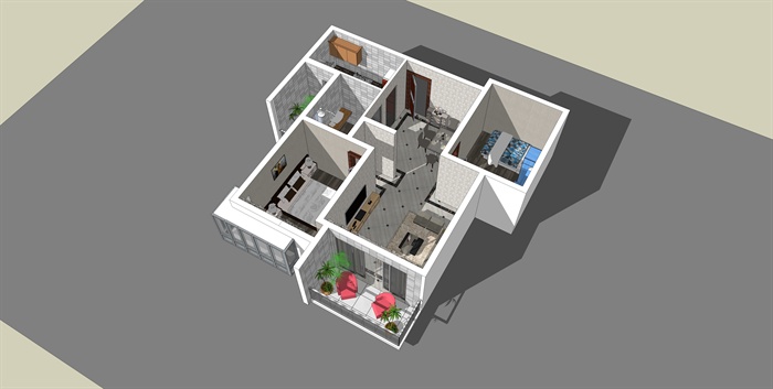 两室两厅一厨一卫室内家装SU模型+CAD图纸(2)