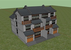 京派单体住宅建筑设计SU(草图大师)模型含CAD平面方案图