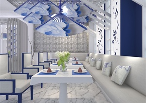 青花瓷中式餐厅设计（含3d模型、展板、cad方案、ppt）