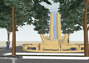 欧式喷泉水景设计SU(草图大师)模型（含树池）