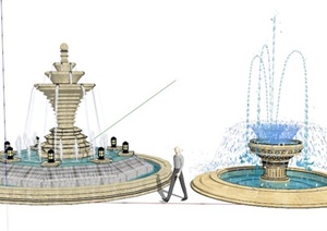 欧式线条喷泉水景组合园林景观设计SU(草图大师)模型