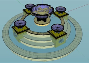 欧式圆形水池水钵水景设计SU(草图大师)模型