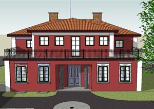 某两层方形独栋别墅建筑设计SU(草图大师)模型
