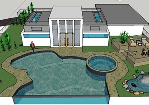 现代某单层别墅庭院花园景观设计SU(草图大师)模型