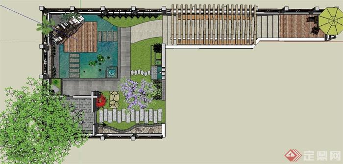 某中式别墅屋顶花园景观设计SU模型(1)