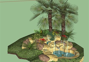某庭院景观节点喷泉水池景观树设计SU(草图大师)模型