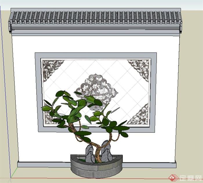 古典中式庭院入口照壁与盆栽植物设计SU模型(1)