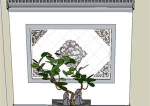 古典中式庭院入口照壁与盆栽植物设计SU(草图大师)模型