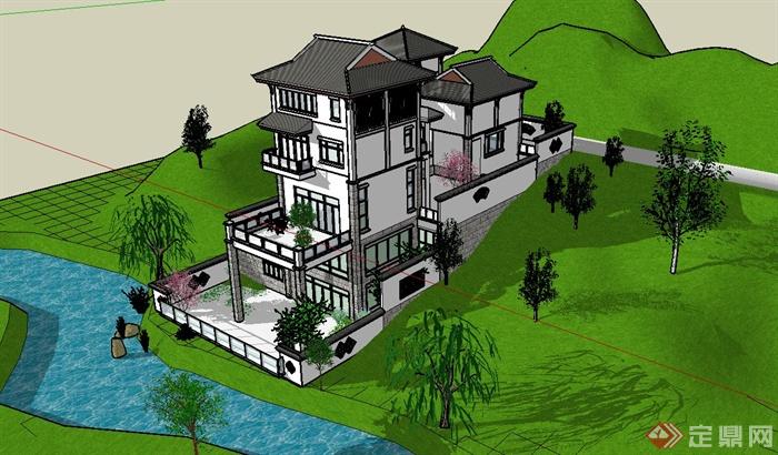 现代中式独栋别墅建筑设计su模型(1)