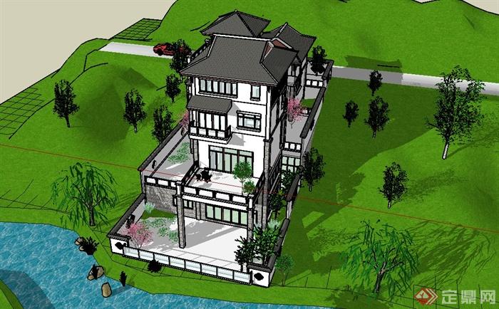 现代中式独栋别墅建筑设计su模型(2)