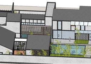 现代中式两层组合别墅建筑设计SU(草图大师)模型