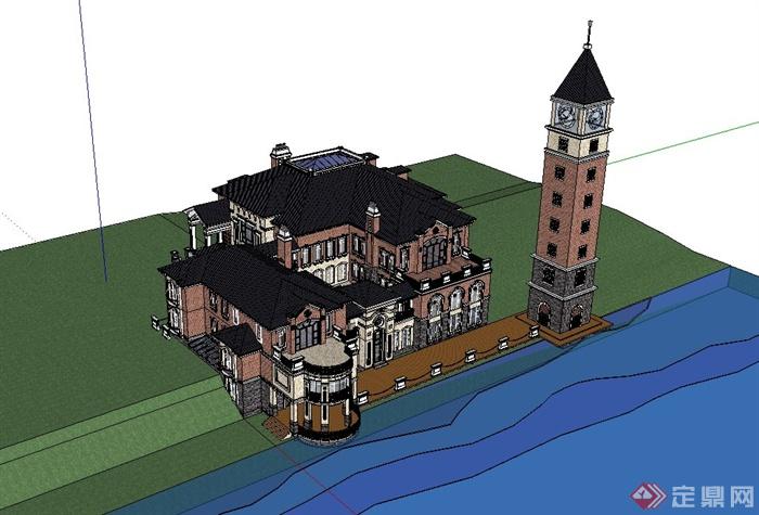 某欧式大型别墅建筑设计su模型（含塔）(2)