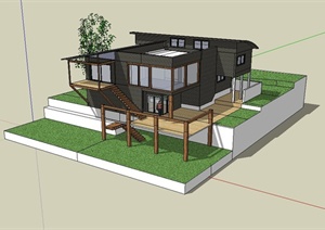 现代中式独栋别墅住宅建筑设计SU(草图大师)模型
