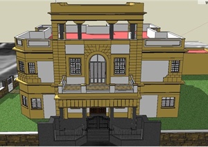 两层独栋黄色外墙吧建筑设计SU(草图大师)模型