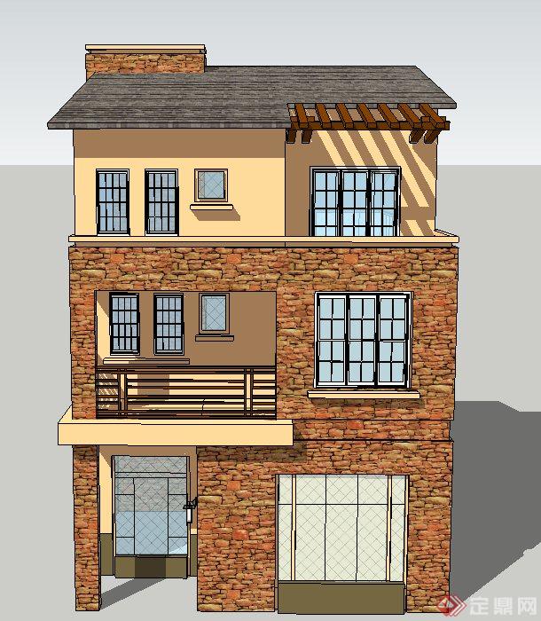 现代某三层砖墙独栋住宅建筑设计SU模型(1)