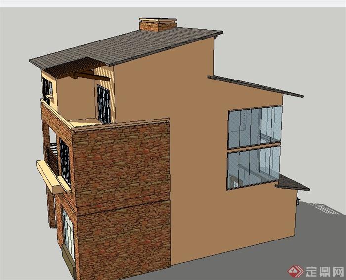 现代某三层砖墙独栋住宅建筑设计SU模型(2)