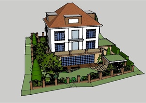某欧式别墅建筑、花园设计SU(草图大师)模型