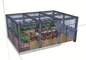 玻璃廊架阳台设计SU(草图大师)模型（可用作阳台餐厅）