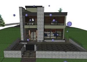某现代两层条形住宅建筑设计SU(草图大师)模型