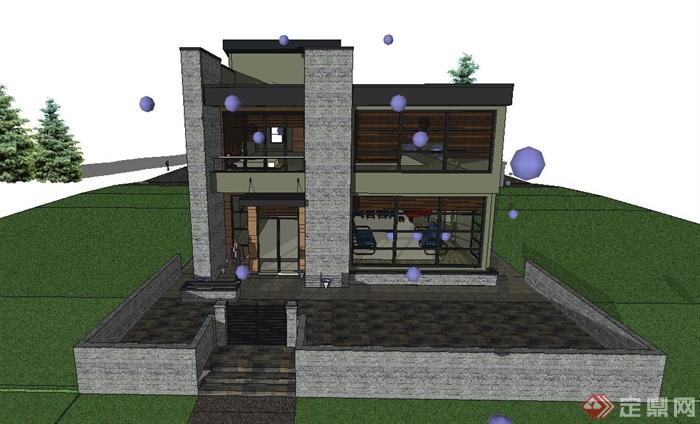 某现代两层条形住宅建筑设计SU模型(1)
