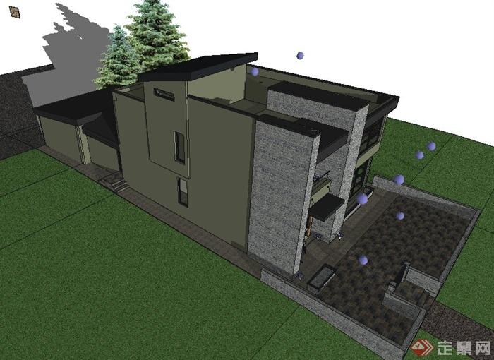 某现代两层条形住宅建筑设计SU模型(2)