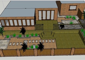 某单层红砖住宅建筑庭院景观设计SU(草图大师)模型