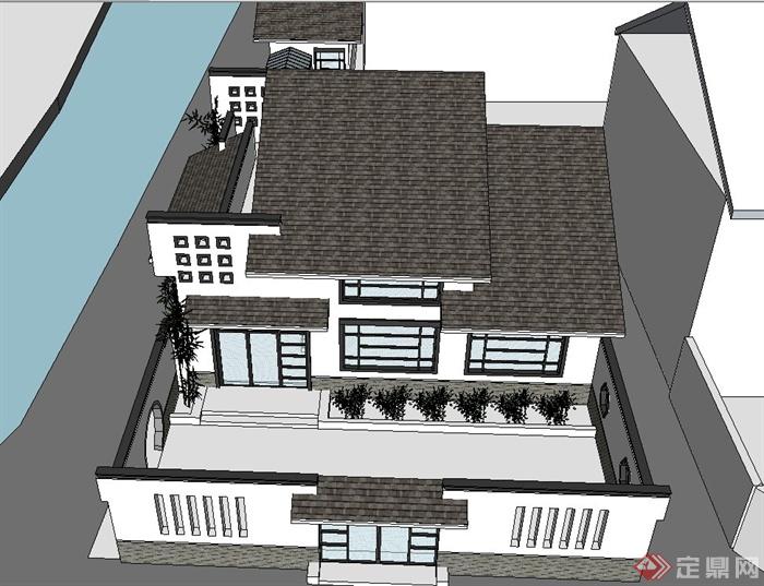 现代中式两层庭院式别墅建筑设计SU模型(2)