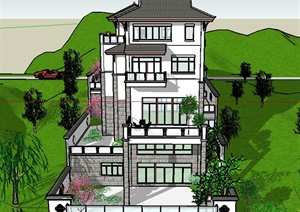 现代中式多层阶梯型别墅建筑设计SU(草图大师)模型