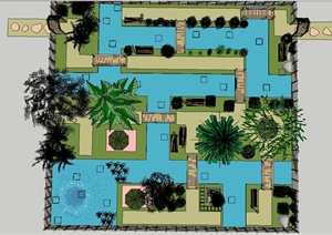 以水景为主的庭院景观设计SU(草图大师)模型