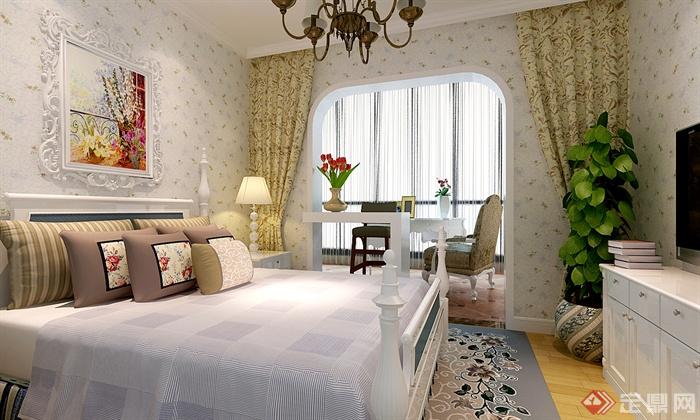 双人床,窗帘布艺,地毯,装饰画,盆栽植物,卧室