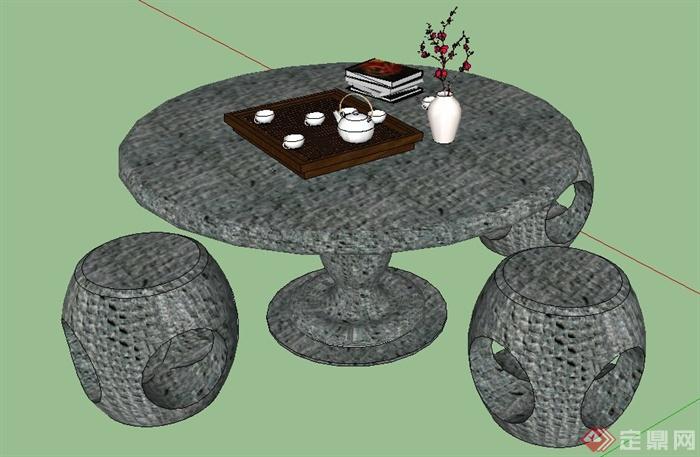现代中式石桌椅设计SU模型(2)