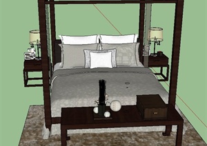 室内中式双人床设计SU(草图大师)模型