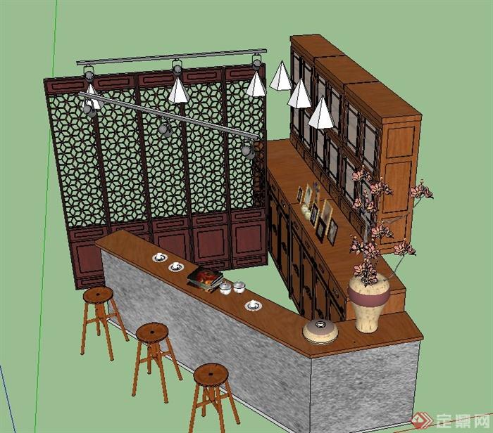 古典中式商业空间柜台、屏风设计SU模型(2)