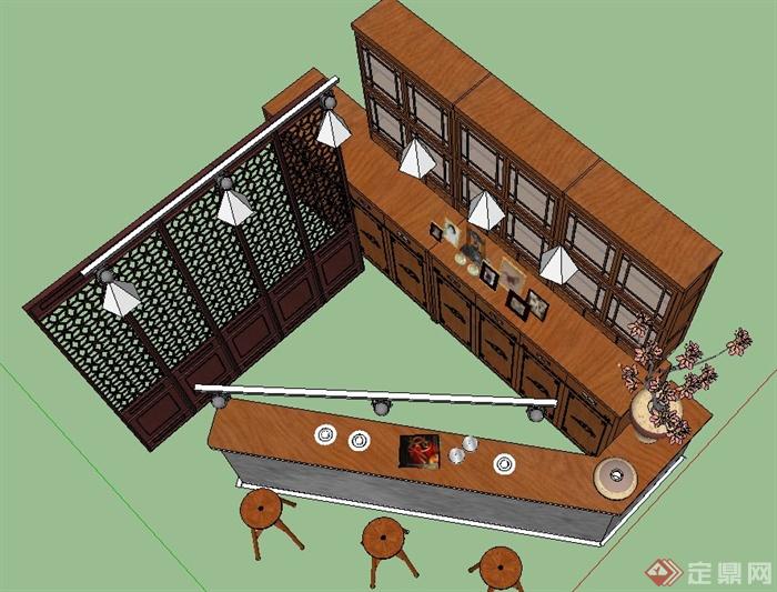 古典中式商业空间柜台、屏风设计SU模型(3)