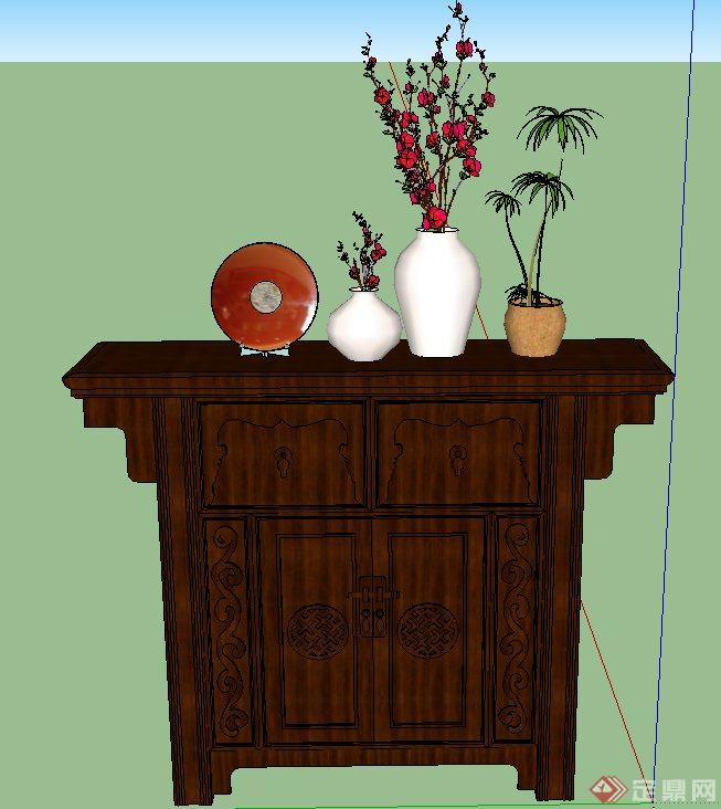 中式风格室内门厅地柜、花瓶插花设计SU模型(1)