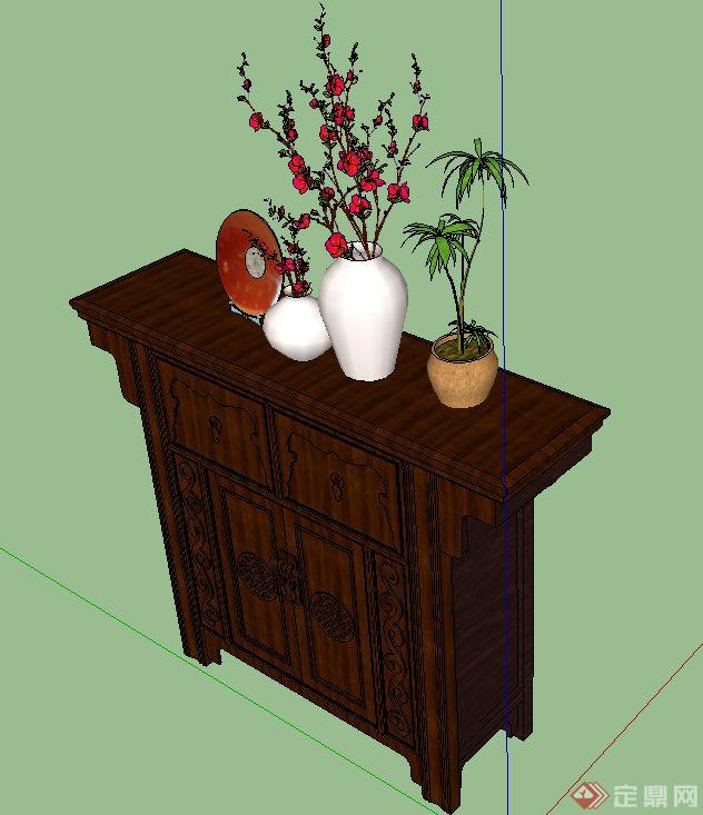 中式风格室内门厅地柜、花瓶插花设计SU模型(2)