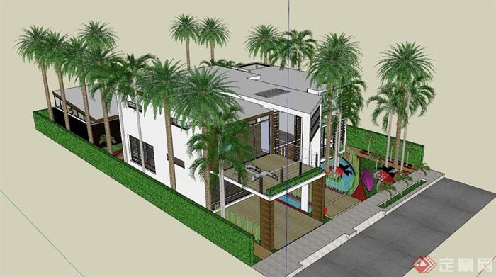 建筑设计热带风情独栋别墅设计SU(草图大师）模型(1)
