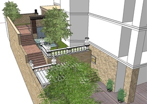 现代某多层住宅建筑一侧景观设计SU(草图大师)模型