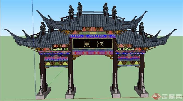 古典中式大型青瓦牌坊设计SU模型(1)