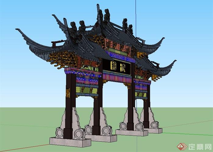 古典中式大型青瓦牌坊设计SU模型(3)